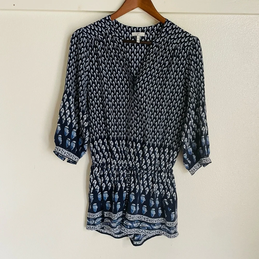 Joie XS Blue White Feather Solstice Boho Silk Romper - Picture 3 of 14